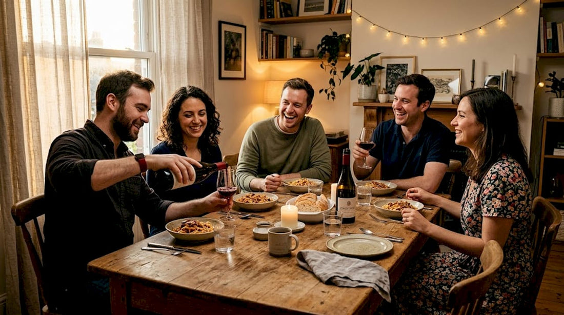 Small group sharing relaxed dinner party