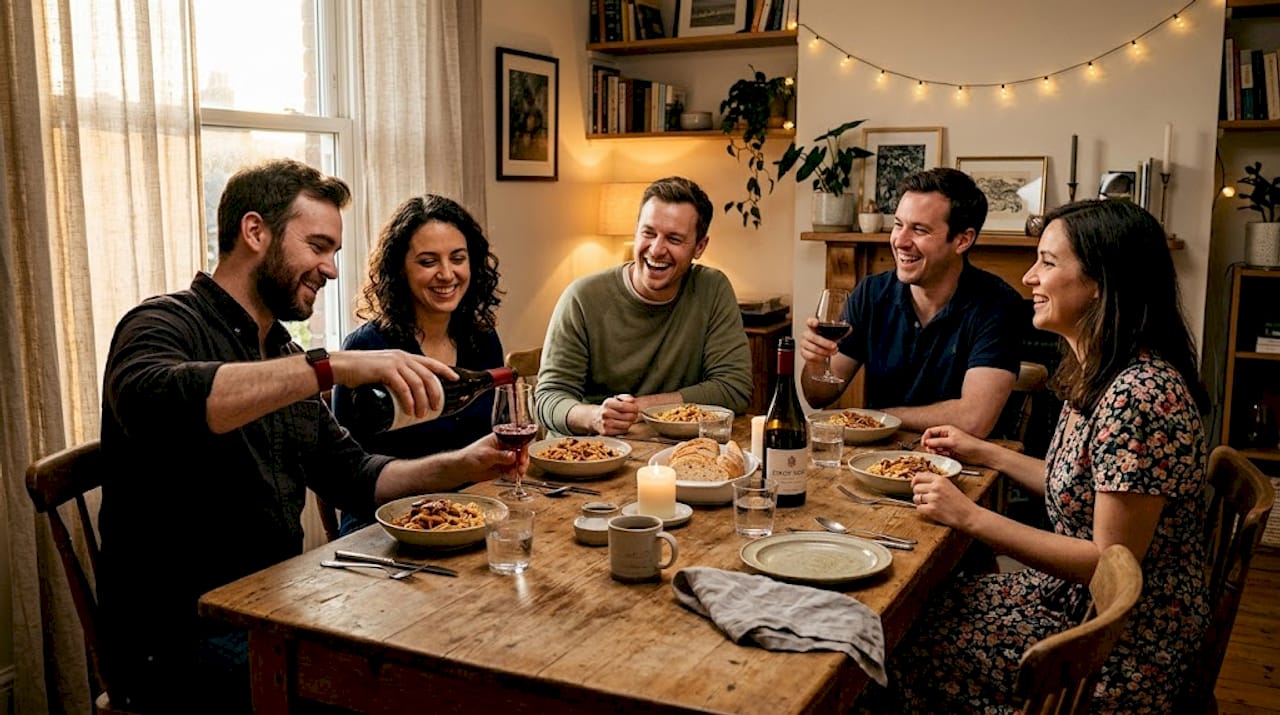 Small group sharing relaxed dinner party