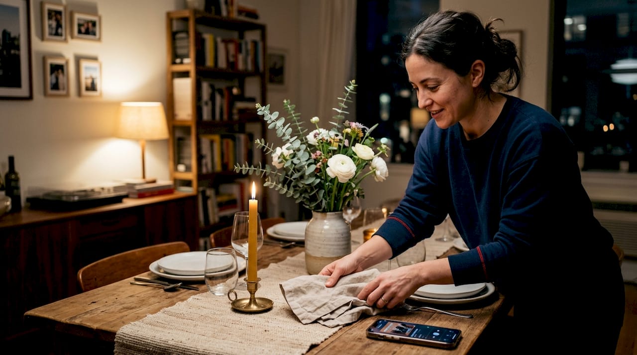 Woman arranges cozy home dinner table