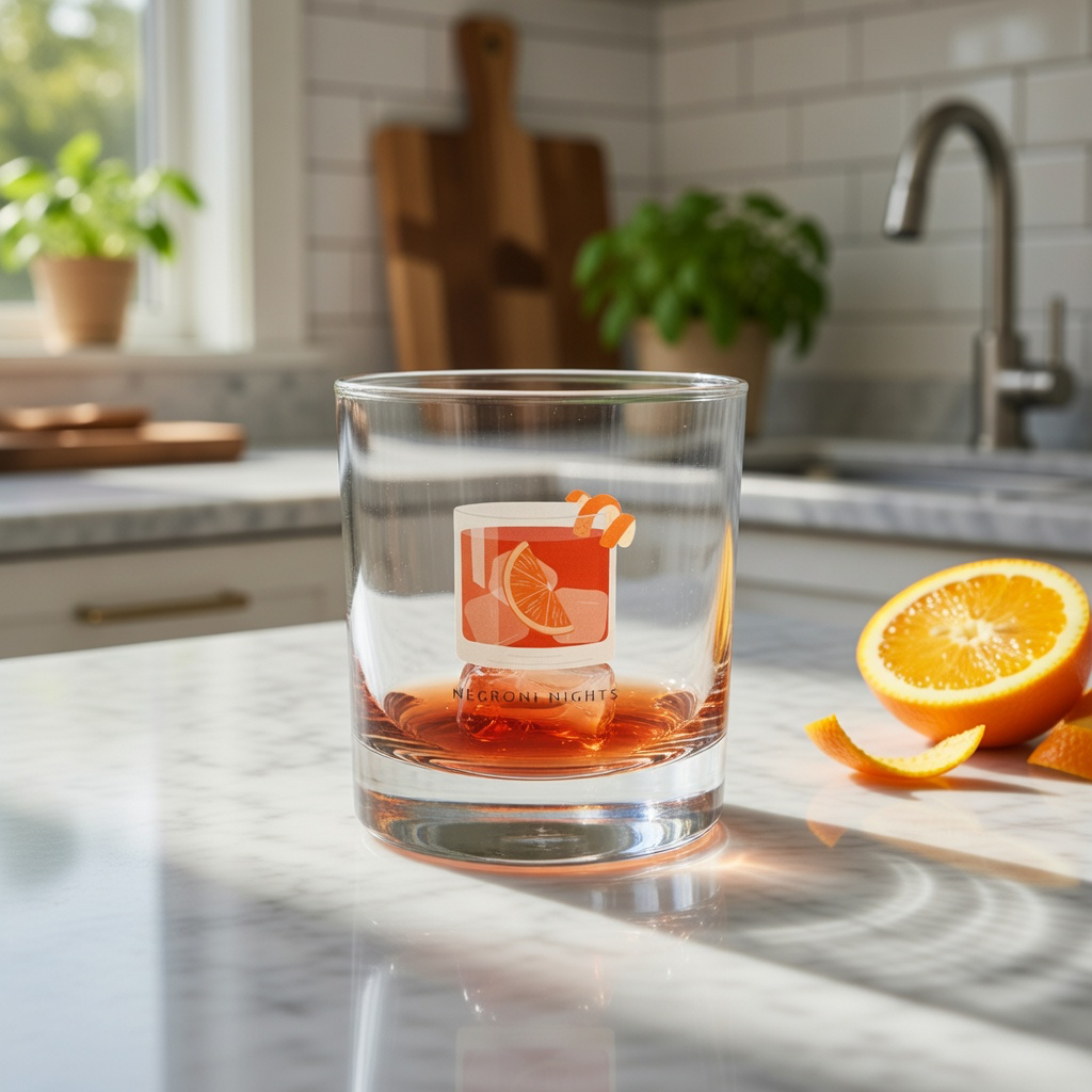 Clear glass with an orange drink on a kitchen counter with oranges and a cutting board.